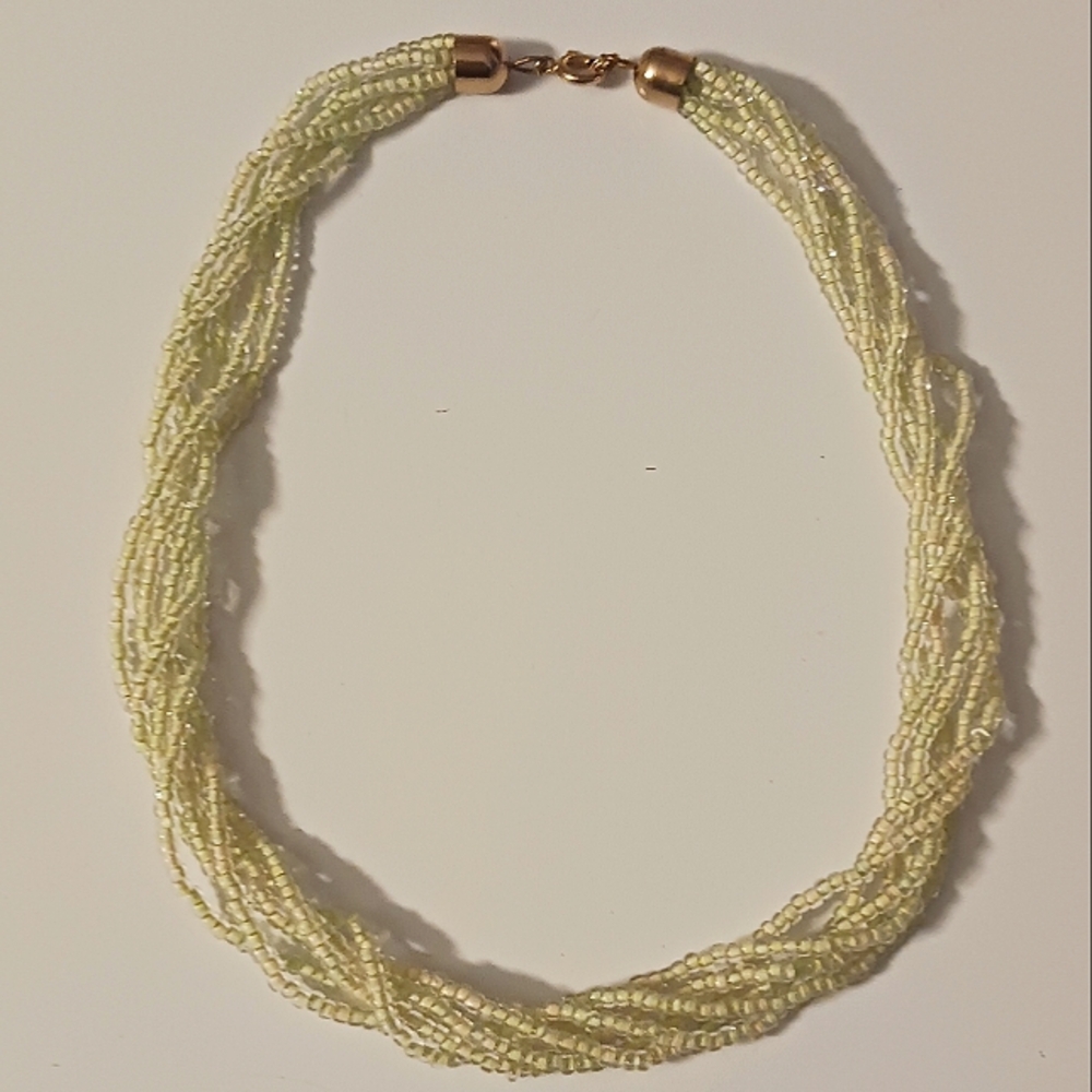 Elegant Vintage Multi Strand Faux Seed Pearl Torsade Necklace/Lime Green